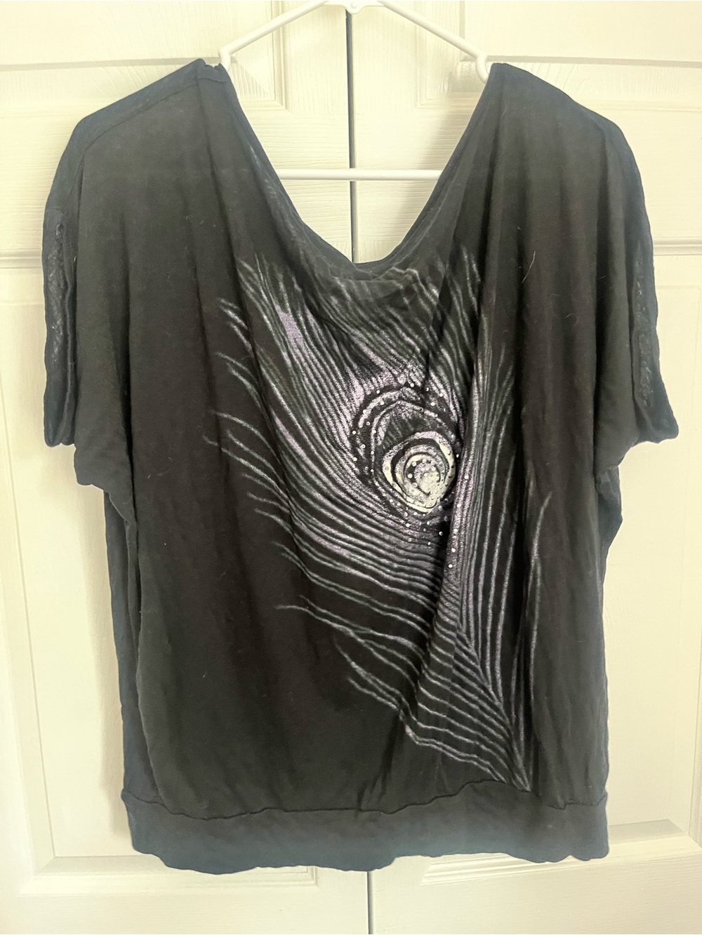 Y2K Black Women's Short Sleeve Top with Peacock Feather Detail (on Back)